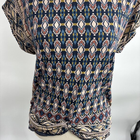 Lucky Brand Top Womens S Boho Geometric Print Short Sleeve Knot Hem Blouse - Picture 2 of 6
